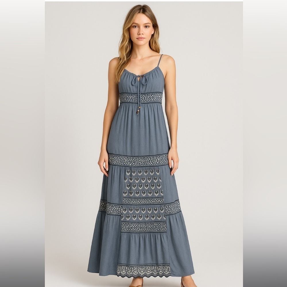 Burning torch maxi embroidered luxury fall blue dress boho designer $400 casual